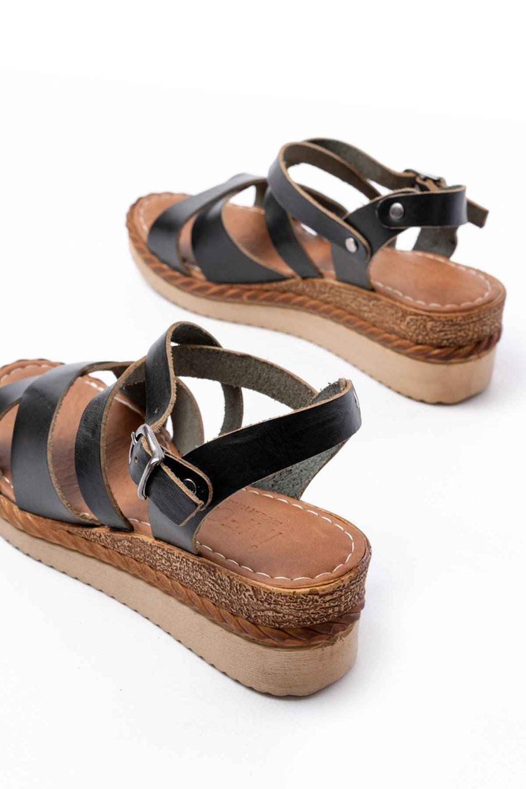 Ayakkabı Aşkı 731-045 Siyah Çapraz Hakiki Deri Dolgu Topuklu Günlük Kadın Sandalet