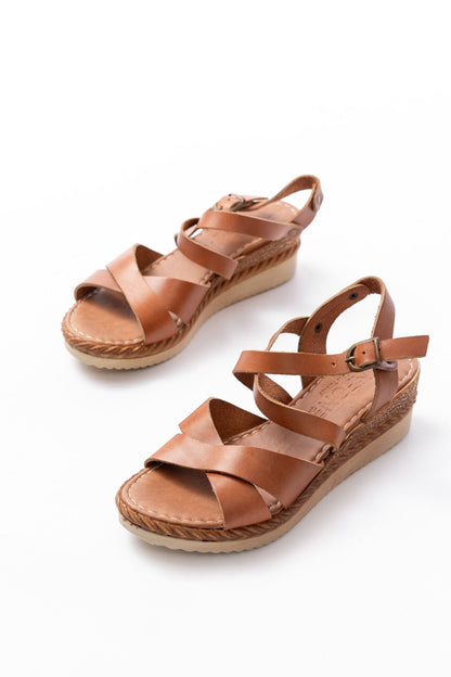 Ayakkabı Aşkı Taba Çapraz Hakiki Deri Dolgu Topuklu Günlük Kadın Sandalet