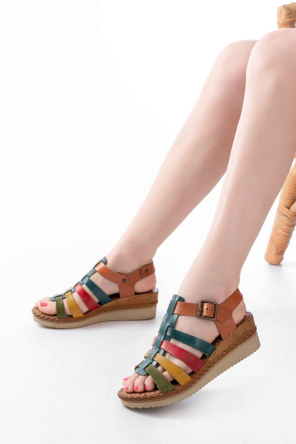 Ayakkabı Aşkı 731-204 Multi  Hakiki Deri Dolgu Topuklu Günlük Kadın Sandalet