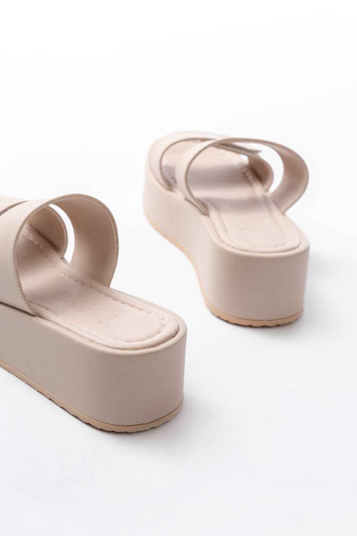 Ayakkabı Aşkı 861-1034 Bej  Çıtçıtlı Dolgu Topuk Kadın Terlik