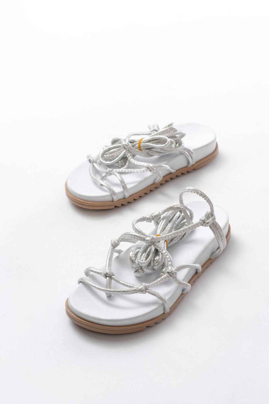 Ayakkabı Aşkı 1001-1001 Beyaz Gümüş  Bilekten Bağcıklı Kadın Sandalet