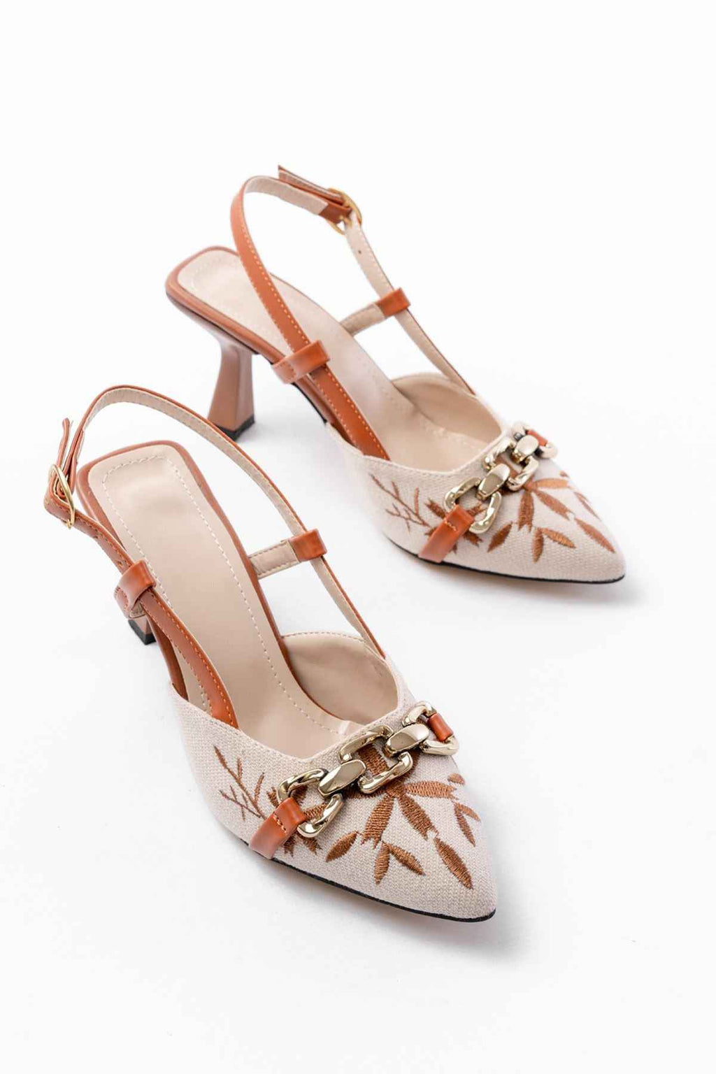 Ayakkabı Aşkı K-250 Taba Keten Günlük Arkası Açık Tokalı Topuklu Kadın Ayakkabı
