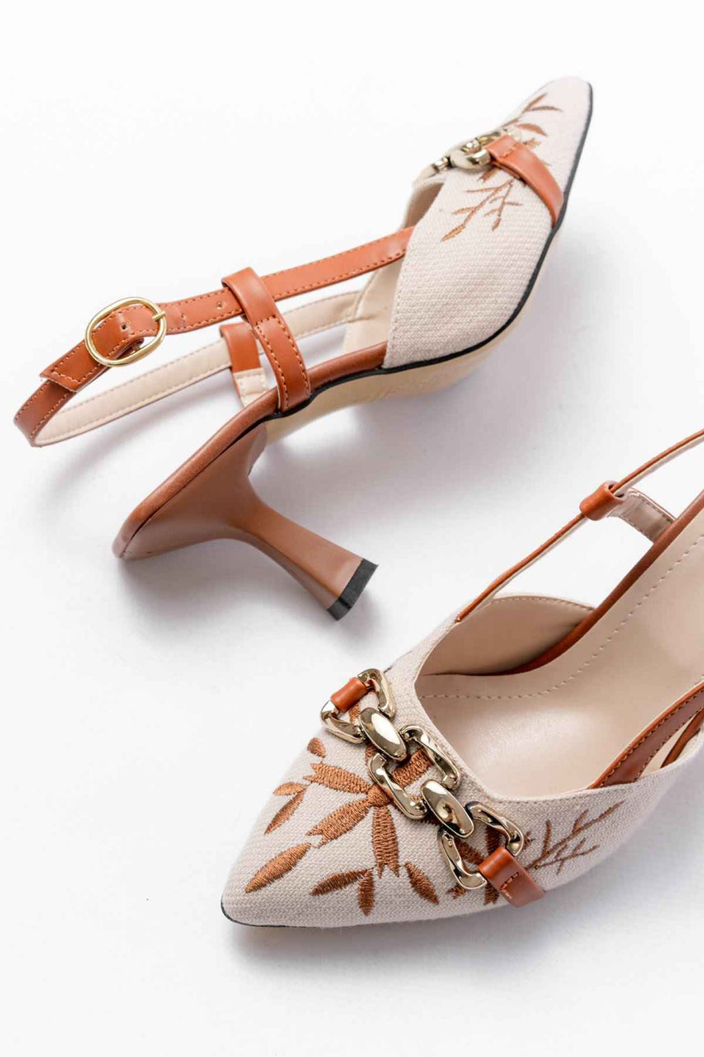 Ayakkabı Aşkı K-250 Taba Keten Günlük Arkası Açık Tokalı Topuklu Kadın Ayakkabı