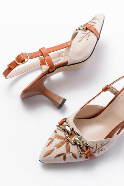 Ayakkabı Aşkı Taba Keten Günlük Arkası Açık Tokalı Topuklu Kadın Ayakkabı