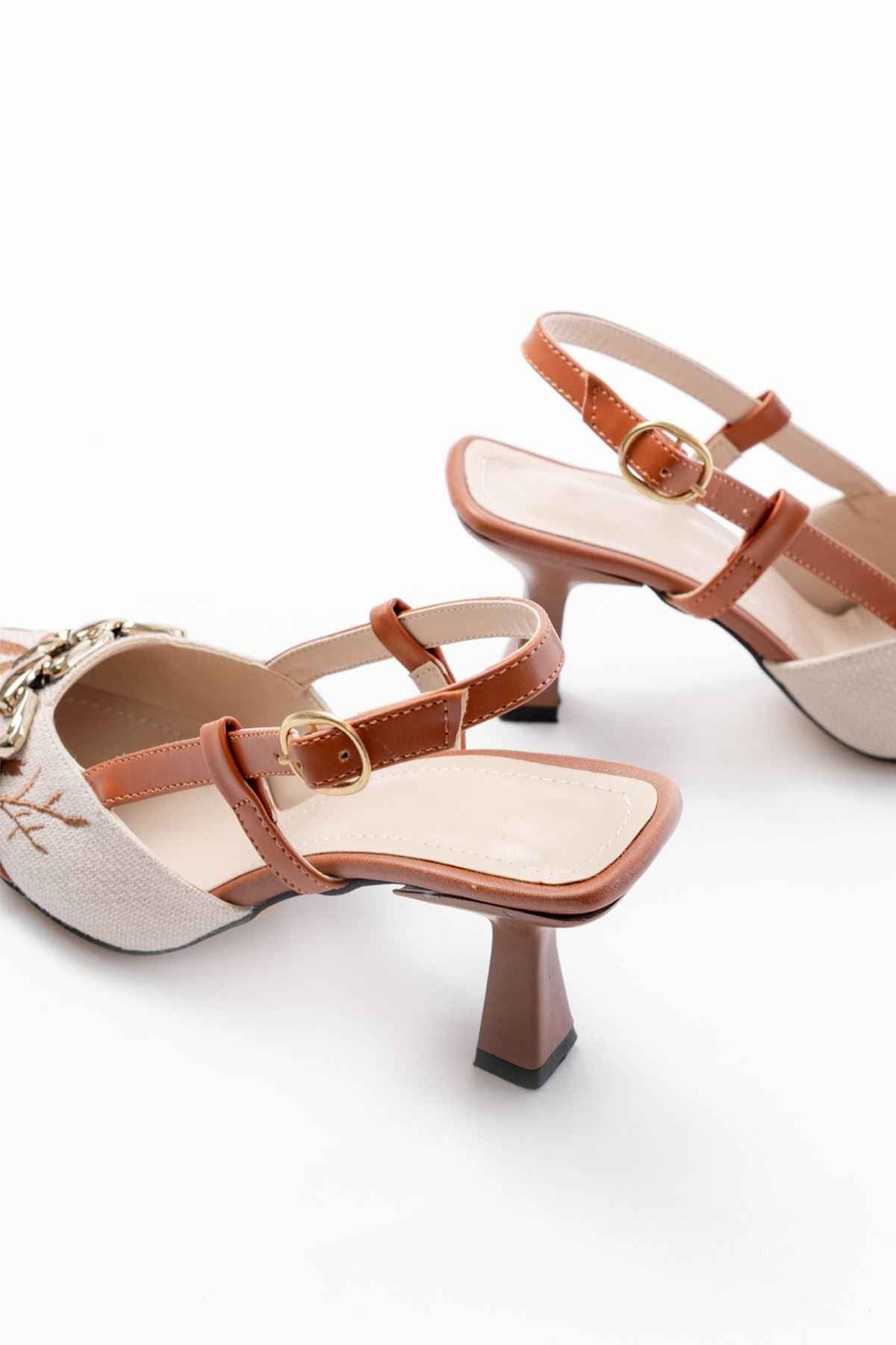 Ayakkabı Aşkı K-250 Taba Keten Günlük Arkası Açık Tokalı Topuklu Kadın Ayakkabı