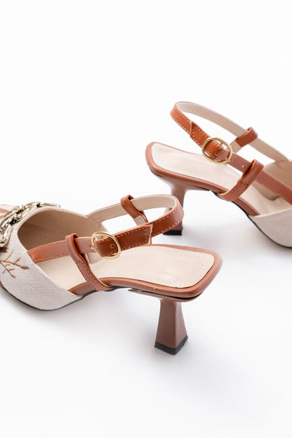 Ayakkabı Aşkı Taba Keten Günlük Arkası Açık Tokalı Topuklu Kadın Ayakkabı