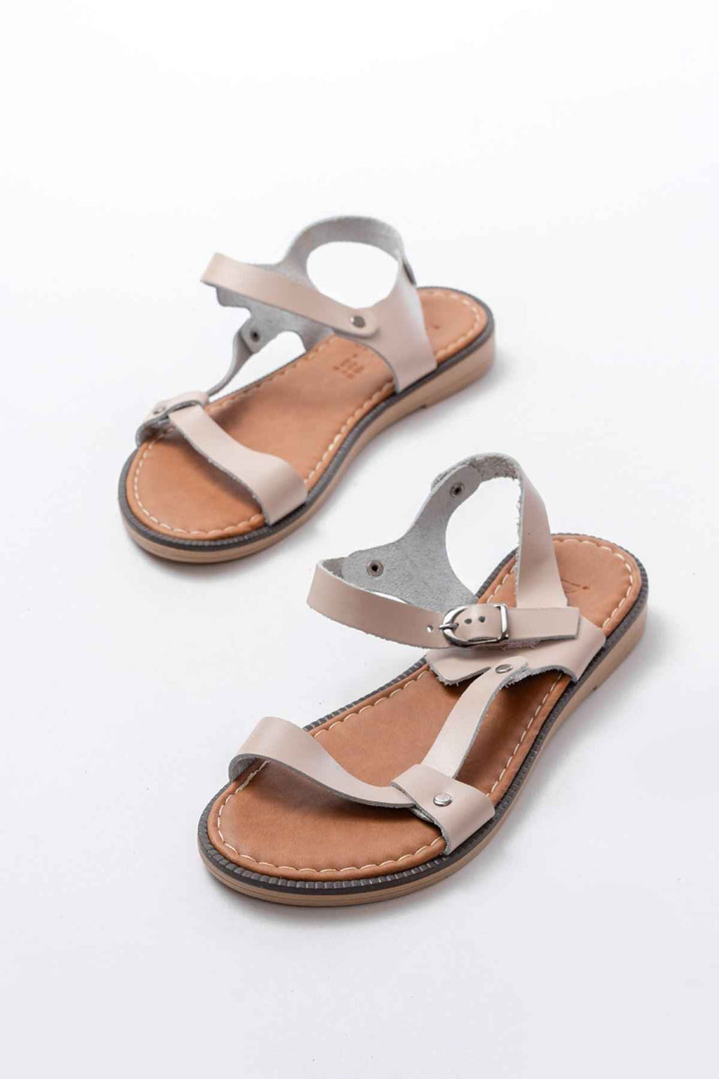 Ayakkabı Aşkı 205-090 Bej Hakiki Deri Tokalı Kadın Sandalet