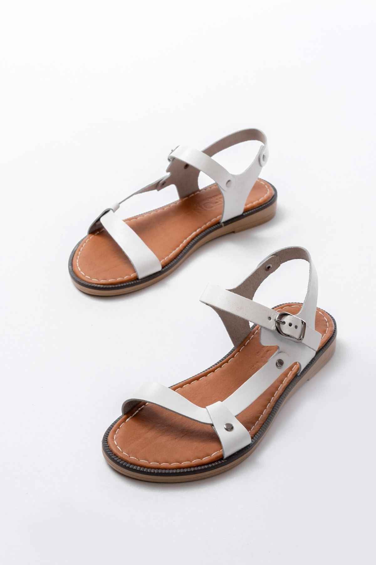 Ayakkabı Aşkı 205-090 Beyaz Hakiki Deri Tokalı Kadın Sandalet