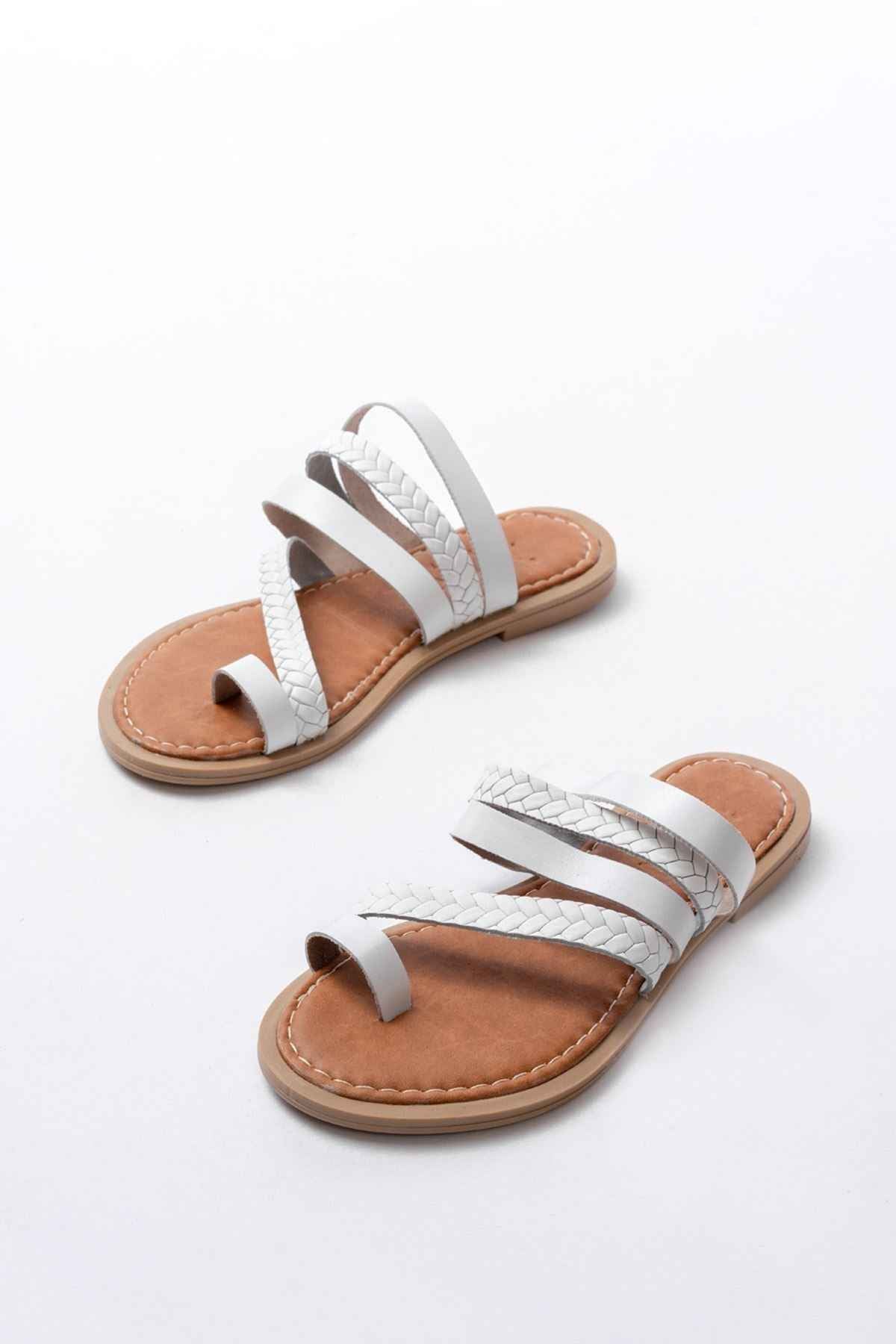 Ayakkabı Aşkı 169-160 Beyaz  Örgülü Ortopedik Taban Parmak Arası Hakiki Deri Kadın Terlik