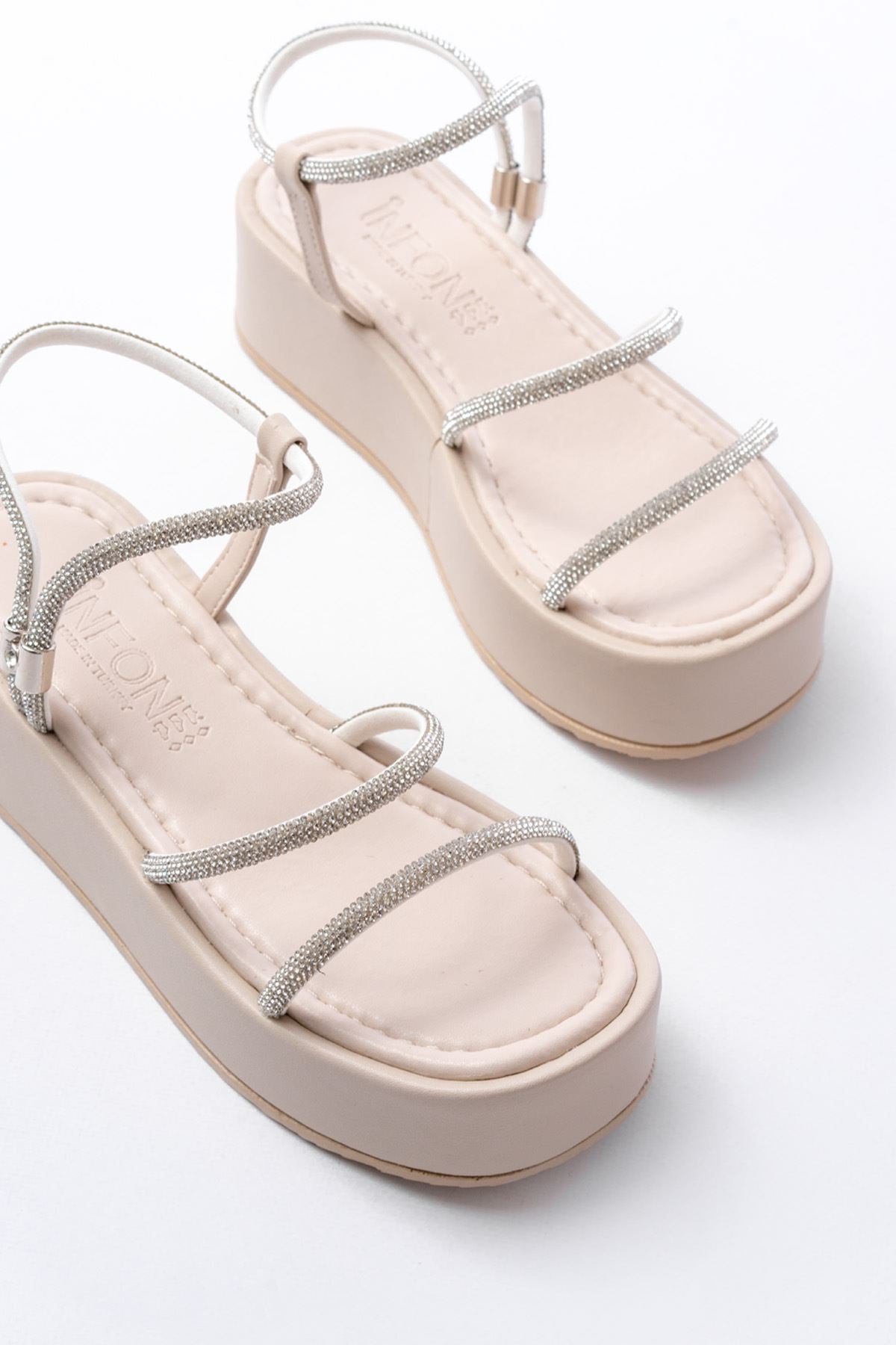 Ayakkabı Aşkı Bej Gümüş Taşlı Dolgu Topuklu Kadın Sandalet - Ayakkabı Aşkı