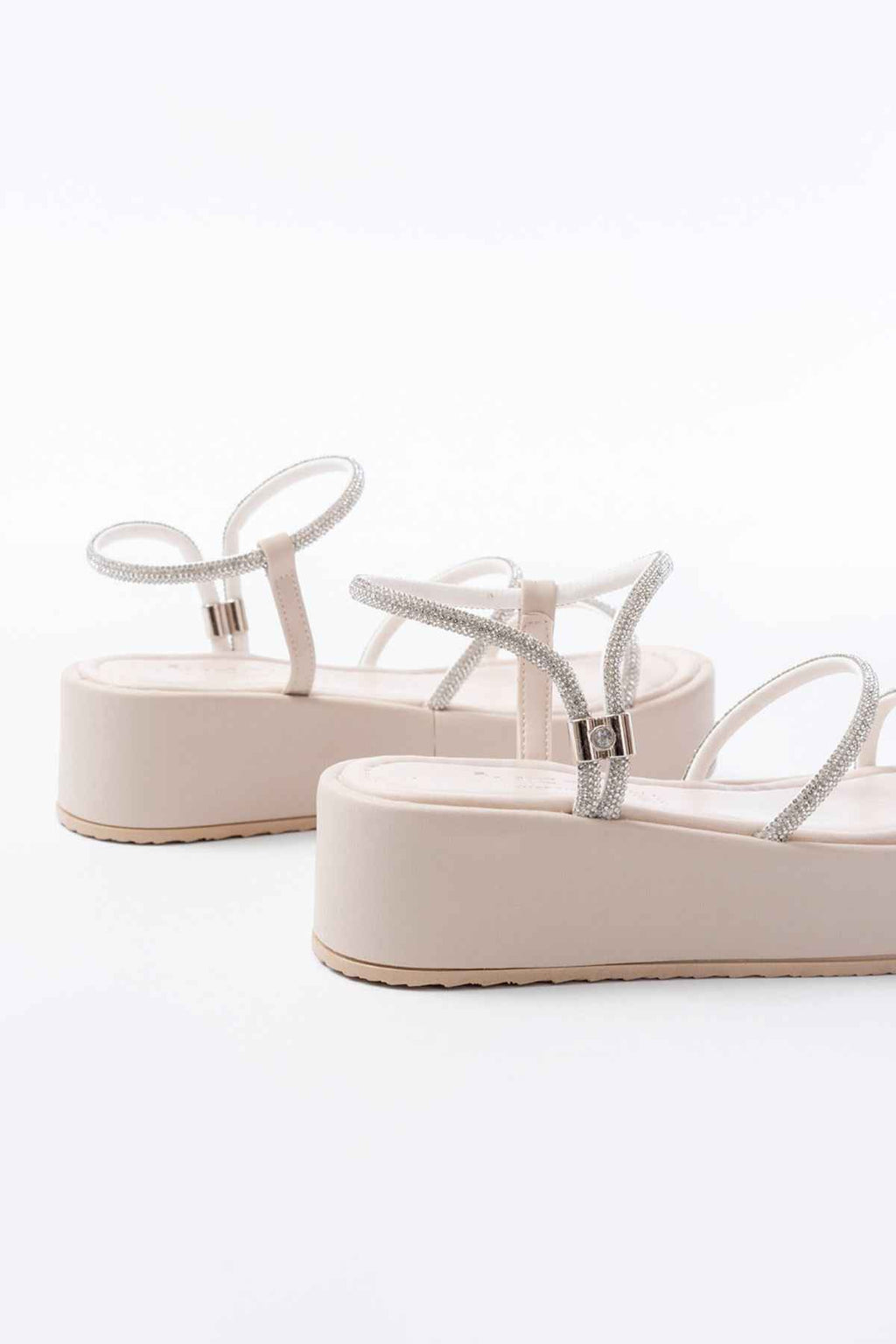 Ayakkabı Aşkı 861-1008 Bej Gümüş Taşlı Dolgu Topuklu Kadın Sandalet