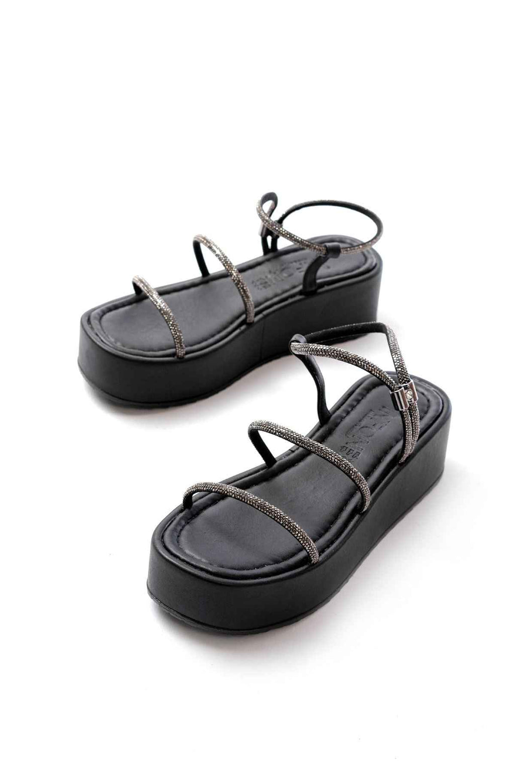 Ayakkabı Aşkı 861-1008 Siyah Platin Taşlı Dolgu Topuklu Kadın Sandalet