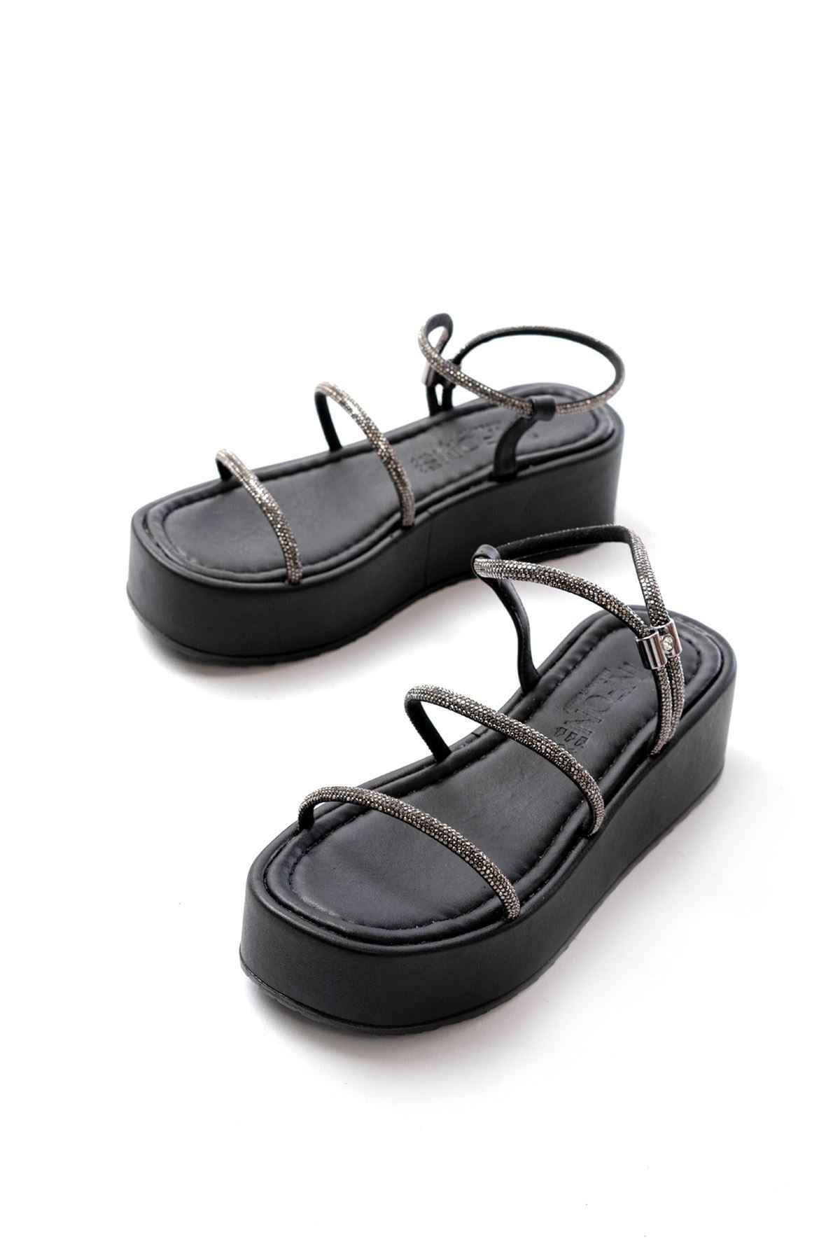 Ayakkabı Aşkı 861-1008 Siyah Platin Taşlı Dolgu Topuklu Kadın Sandalet