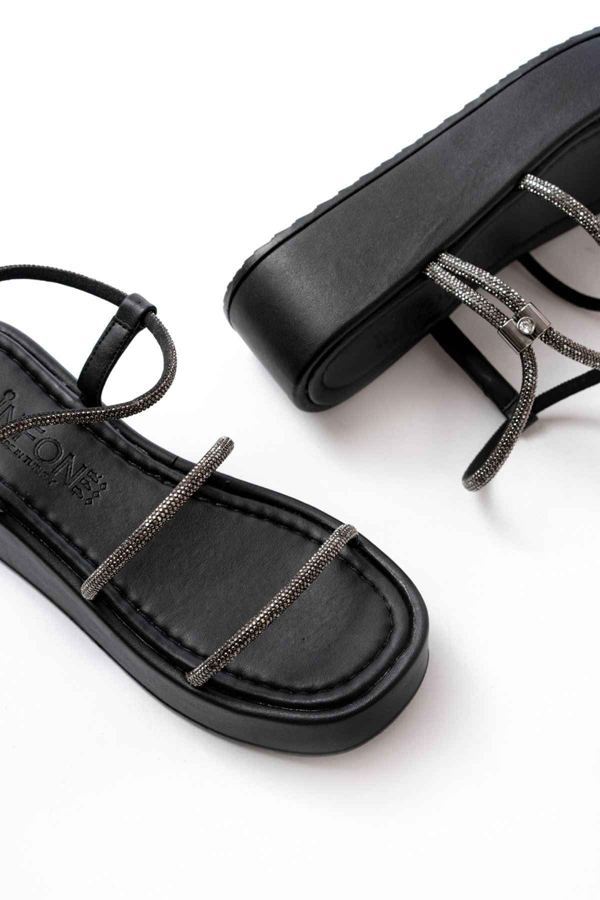Ayakkabı Aşkı 861-1008 Siyah Platin Taşlı Dolgu Topuklu Kadın Sandalet