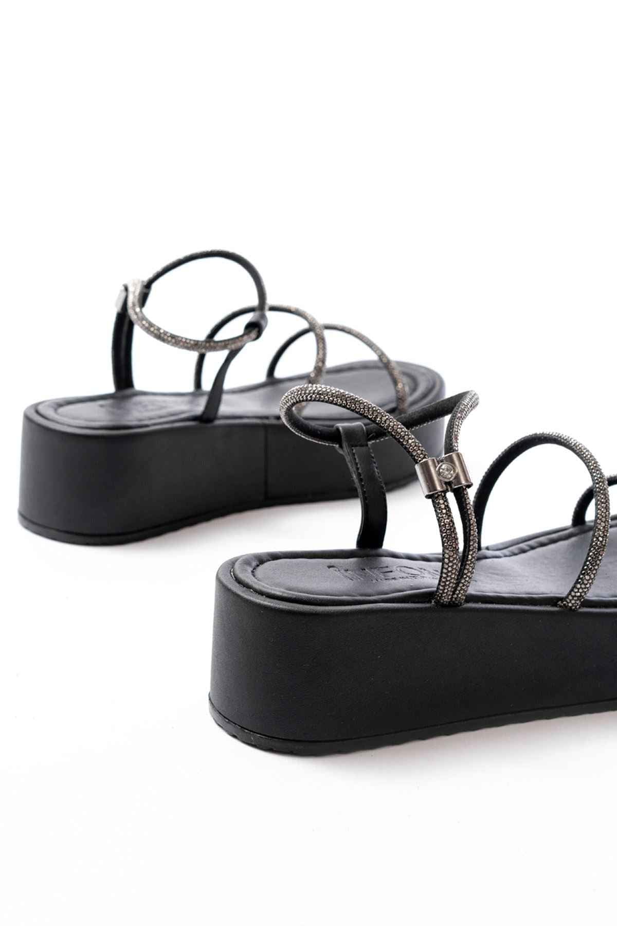 Ayakkabı Aşkı 861-1008 Siyah Platin Taşlı Dolgu Topuklu Kadın Sandalet