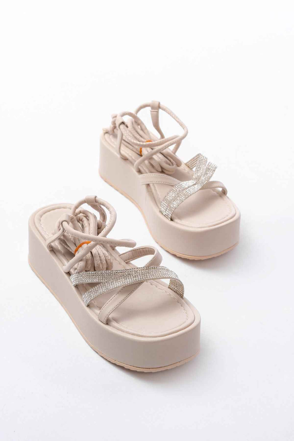 Ayakkabı Aşkı 861-1010 Bej Gümüş Taşlı Bilekten Bağlamalı Kadın Sandalet