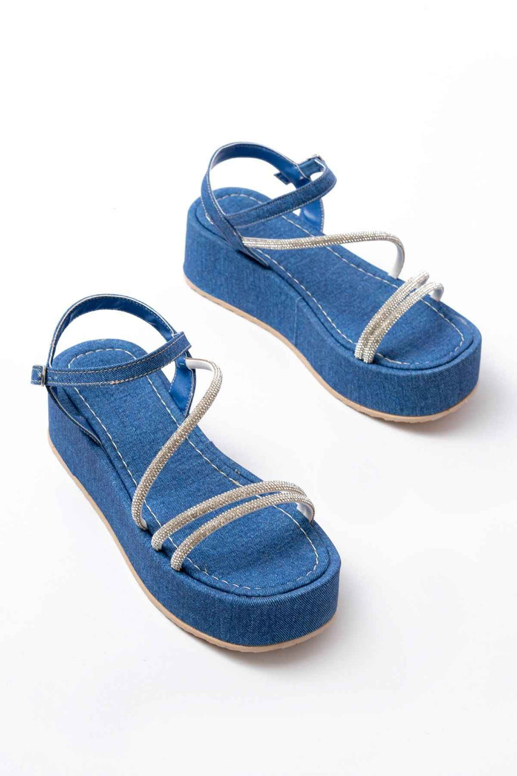 Ayakkabı Aşkı 861-1017 Mavi Kot Taşlı Dolgu Topuklu Kadın Sandalet