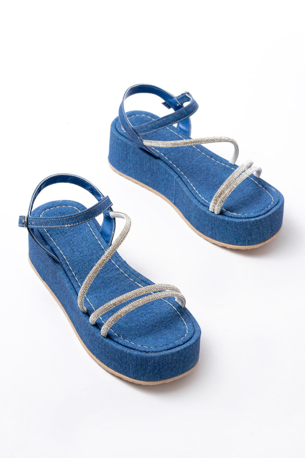 Ayakkabı Aşkı Mavi Kot Taşlı Dolgu Topuklu Kadın Sandalet - Ayakkabı Aşkı