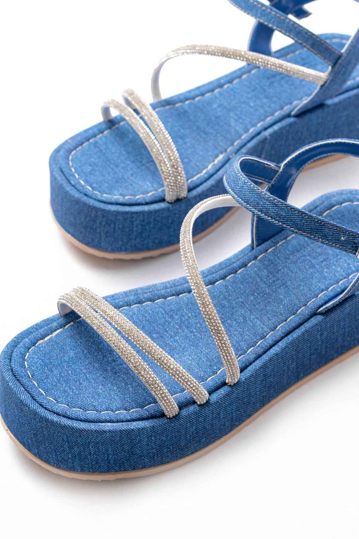 Ayakkabı Aşkı 861-1017 Mavi Kot Taşlı Dolgu Topuklu Kadın Sandalet
