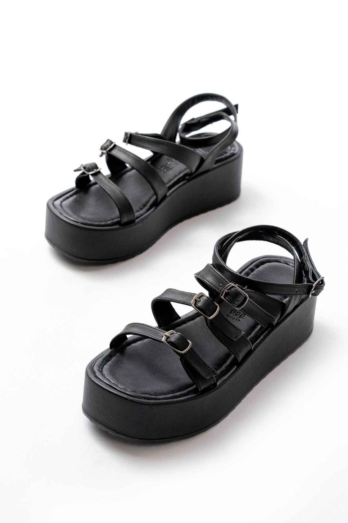 Ayakkabı Aşkı 861-1222 Siyah Tokalı Bilekten Bağlamalı Dolgu Kadın Sandalet