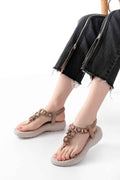 Ayakkabı Aşkı Dm-609 Bej Taşlı Arka Lastikli Parmak Arası Kadın Sandalet