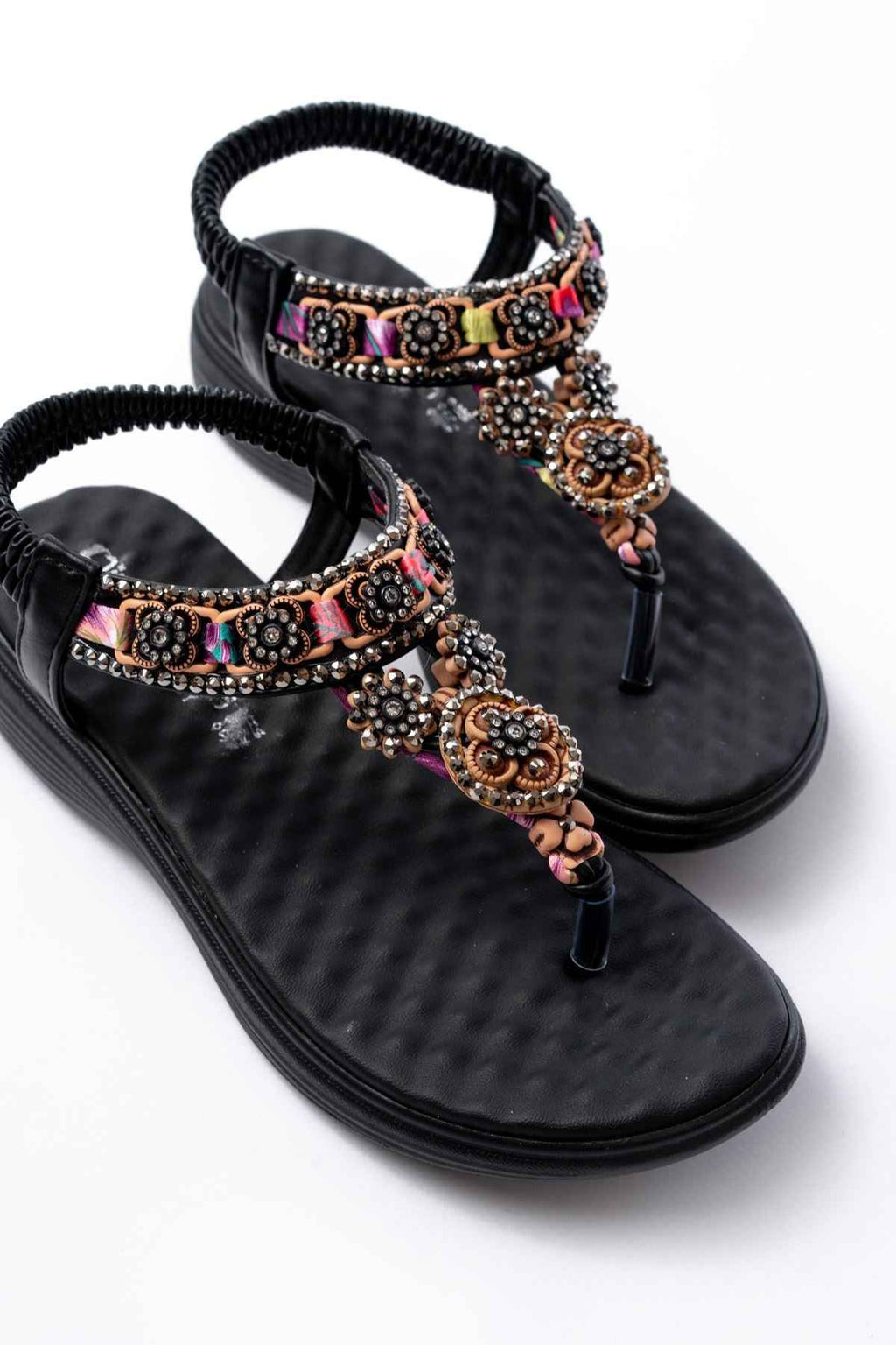 Ayakkabı Aşkı Dm-609 Siyah Taşlı Arka Lastikli Parmak Arası Kadın Sandalet