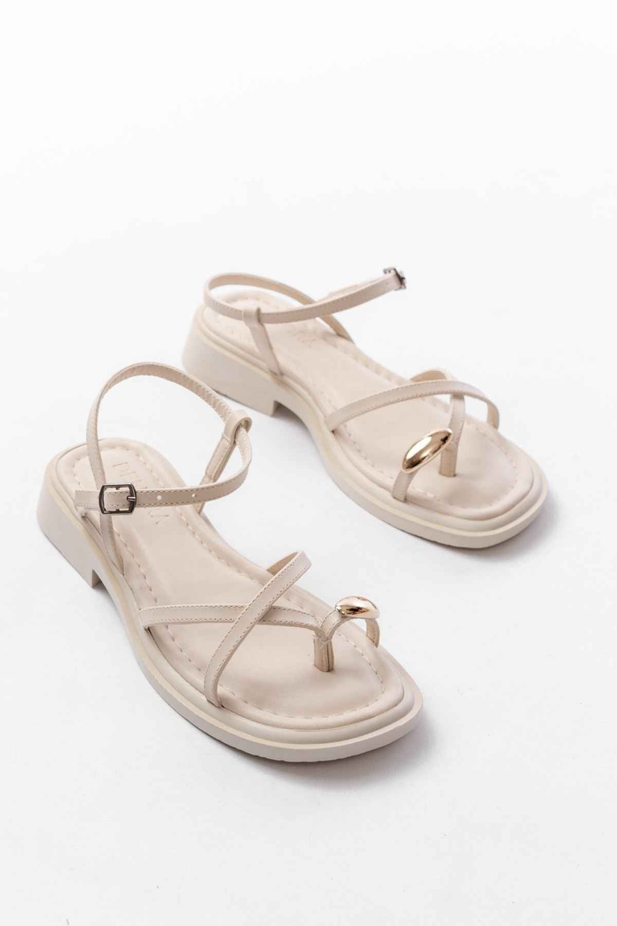 Ayakkabı Aşkı S-101 Bej Parmak Arası Taş Detaylı Günlük Kadın Sandalet