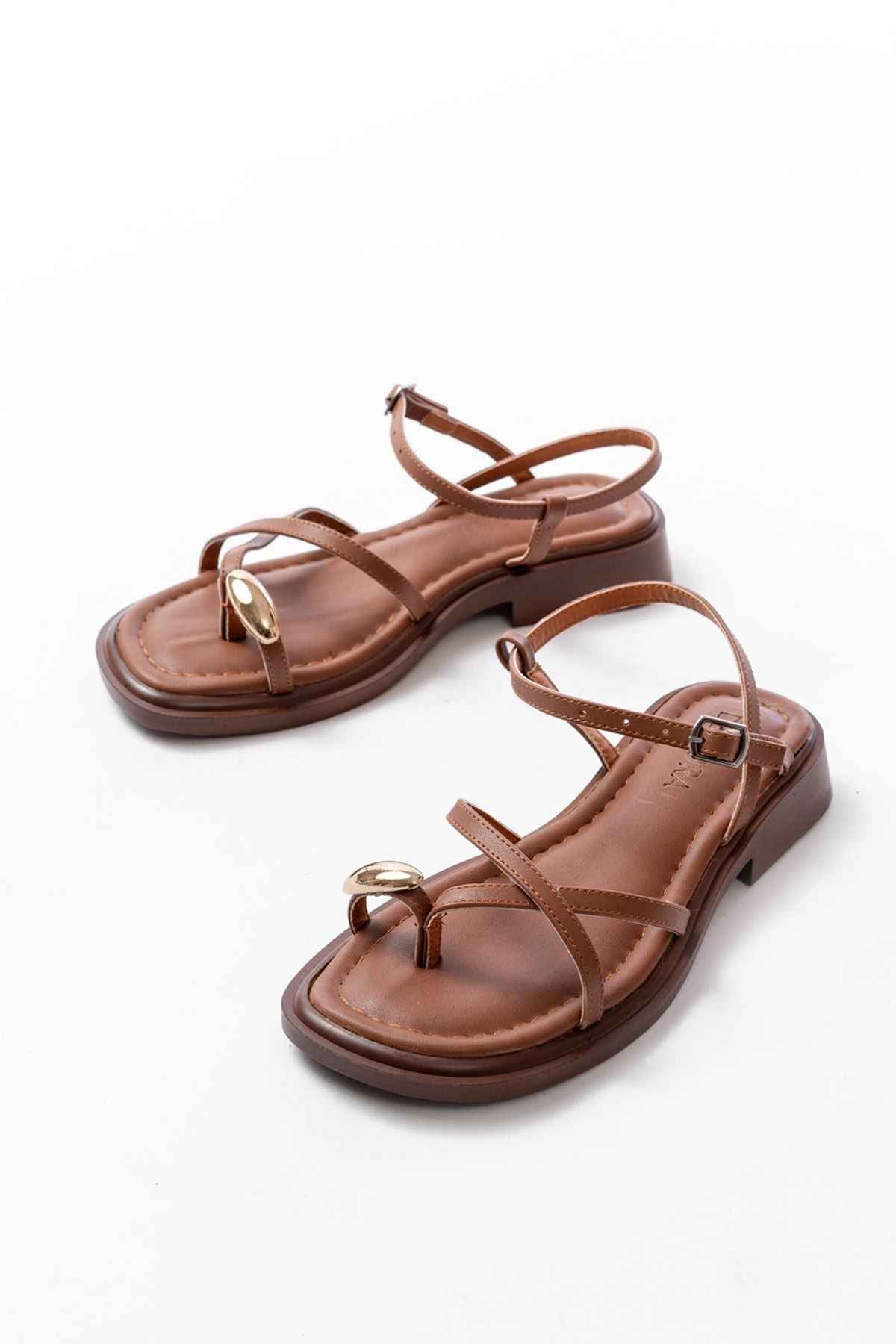 Ayakkabı Aşkı S-101 Taba Parmak Arası Taş Detaylı Günlük Kadın Sandalet