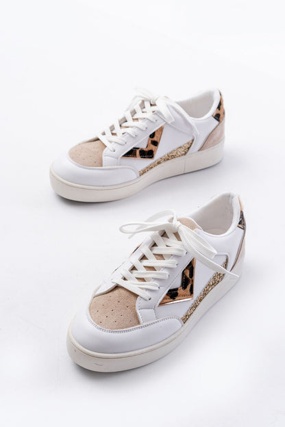 Ayakkabı Aşkı Beyaz Leopar Desenli Bağcıklı Kadın Spor Ayakkabı