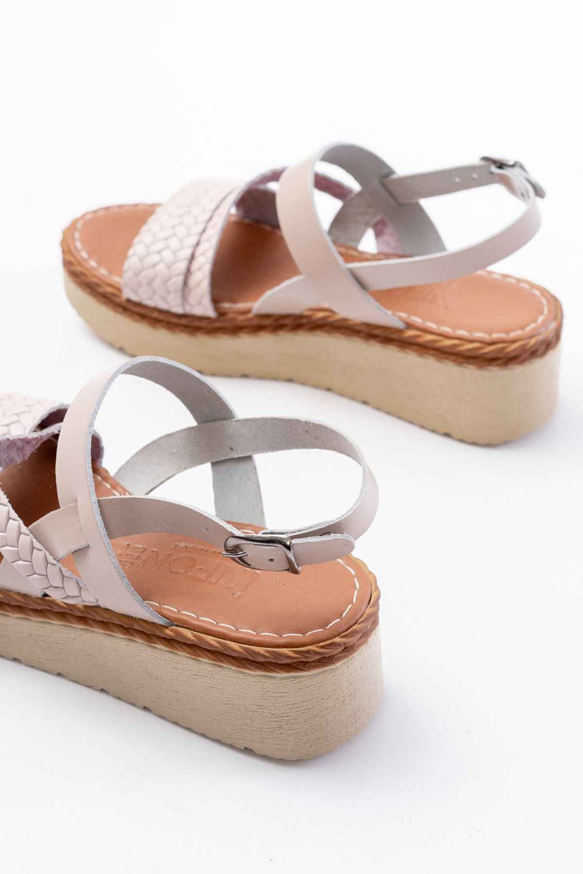 Ayakkabı Aşkı 730-152 Bej Örgü Desenli Hakiki Deri Ortopedik Taban Kadın Sandalet