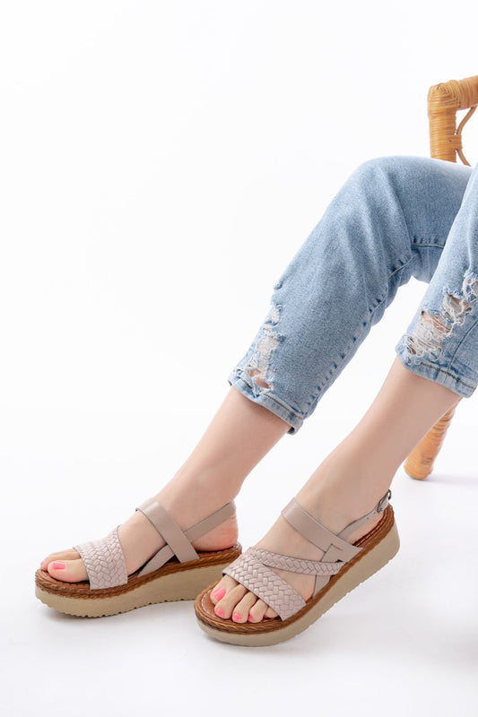 730-152 Bej Örgü Desenli Hakiki Deri Ortopedik Taban Kadın Sandalet - Bej