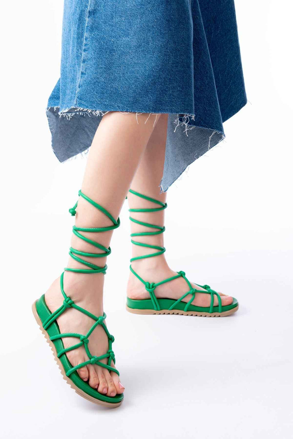 Ayakkabı Aşkı 1001-1001 Çimen Yeşili  Bilekten Bağcıklı Kadın Sandalet