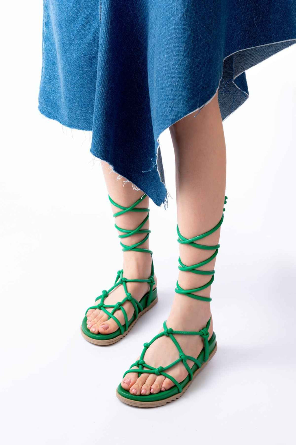 Ayakkabı Aşkı 1001-1001 Çimen Yeşili  Bilekten Bağcıklı Kadın Sandalet