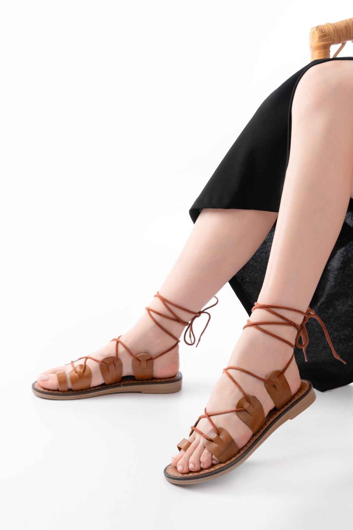 Ayakkabı Aşkı 205-01 Taba Bilekten Bağlamalı Ortopedik Hakiki Deri Kadın Sandalet