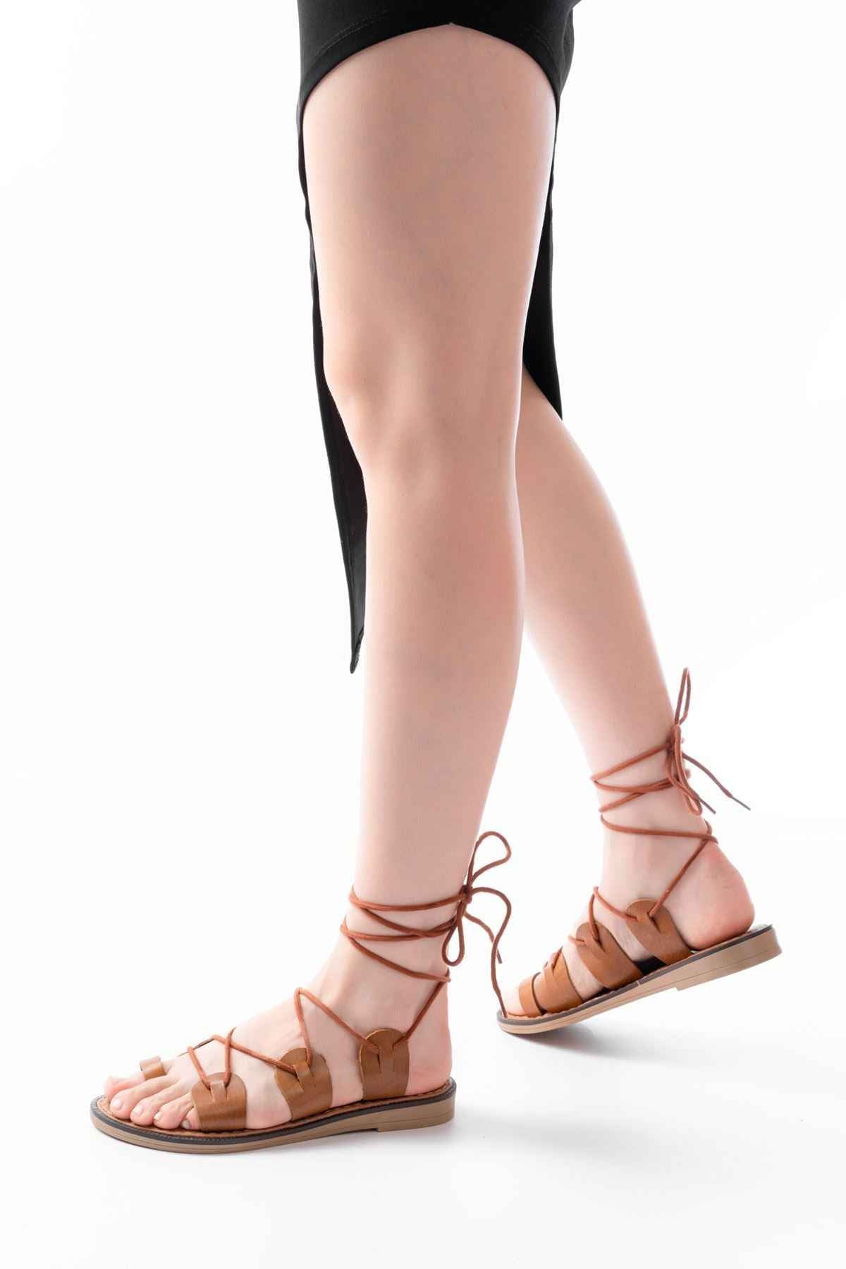 Ayakkabı Aşkı 205-01 Taba Bilekten Bağlamalı Ortopedik Hakiki Deri Kadın Sandalet