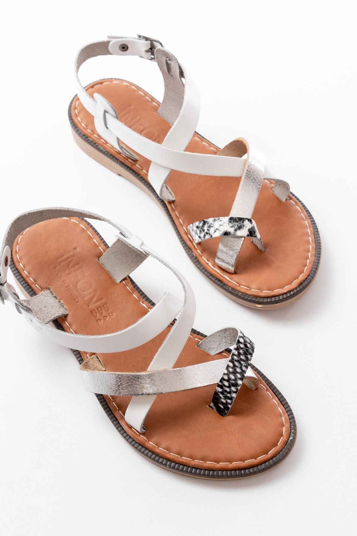 Ayakkabı Aşkı 205-08 Beyaz Garni  Ortopedik Hakiki Deri Kadın Sandalet