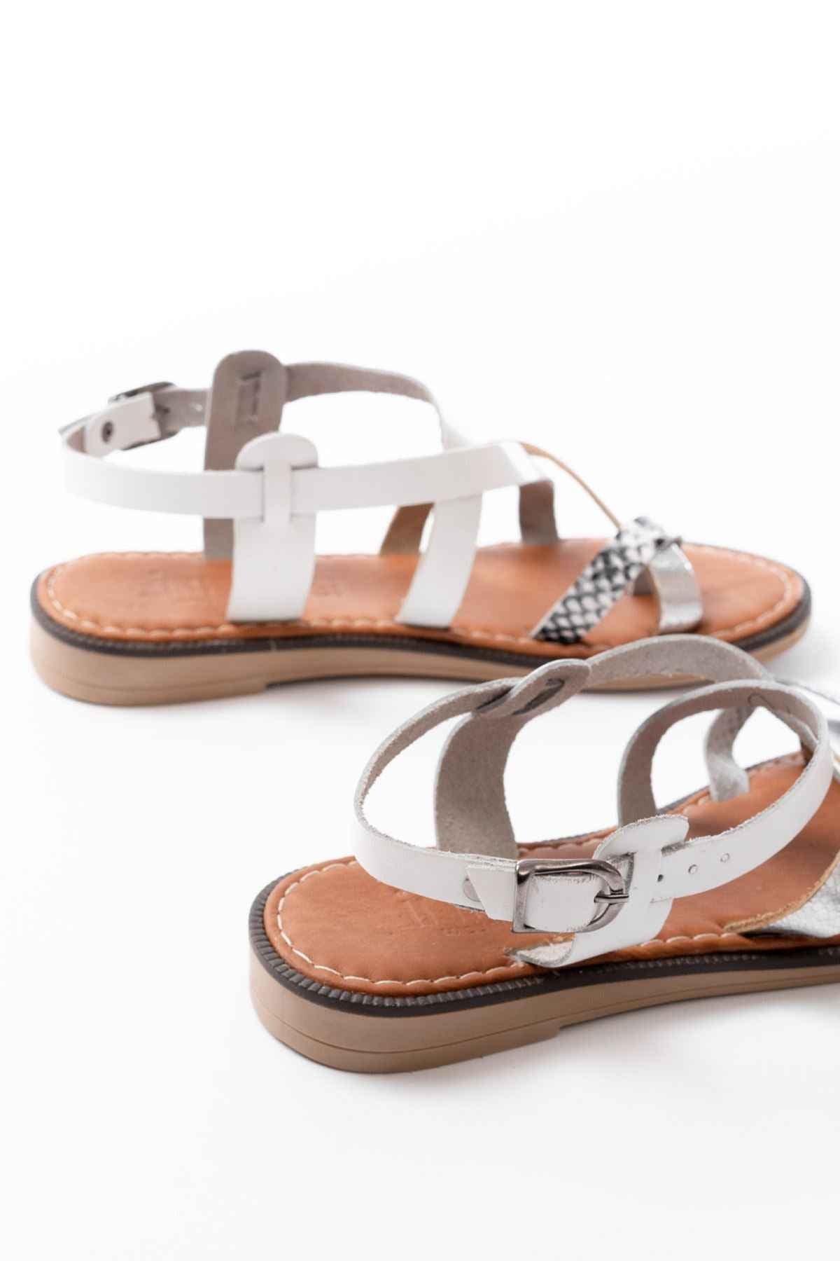 Ayakkabı Aşkı 205-08 Beyaz Garni  Ortopedik Hakiki Deri Kadın Sandalet