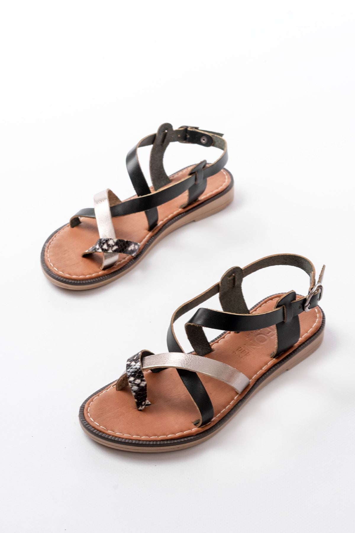 Ayakkabı Aşkı Siyah Garni Ortopedik Hakiki Deri Kadın Sandalet