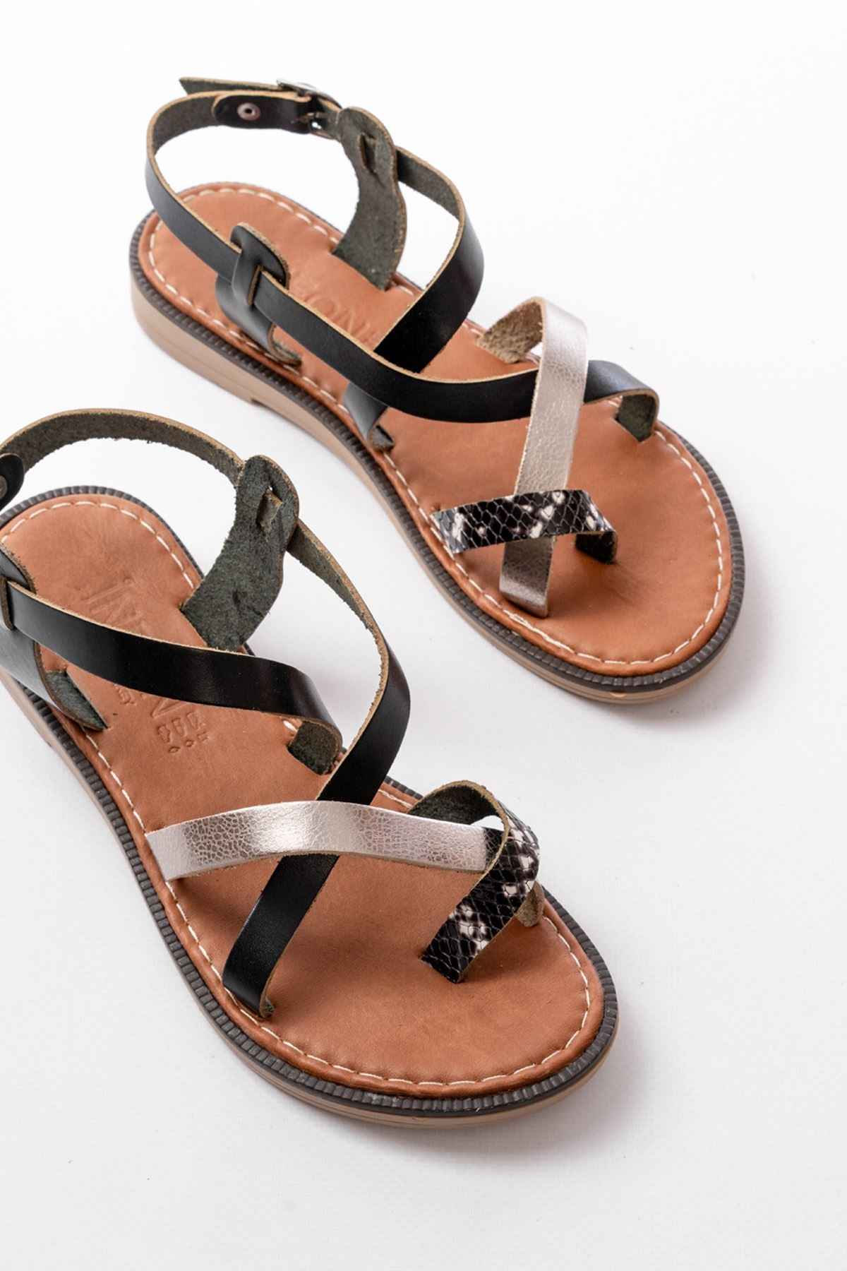 Ayakkabı Aşkı 205-08 Siyah Garni  Ortopedik Hakiki Deri Kadın Sandalet