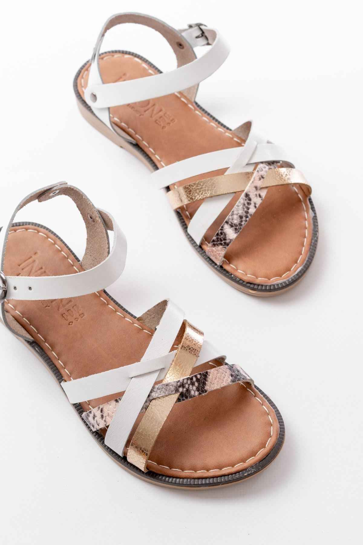Ayakkabı Aşkı 205-093 Beyaz  Garni Hakiki Deri Ortopedik Taban Kadın Sandalet
