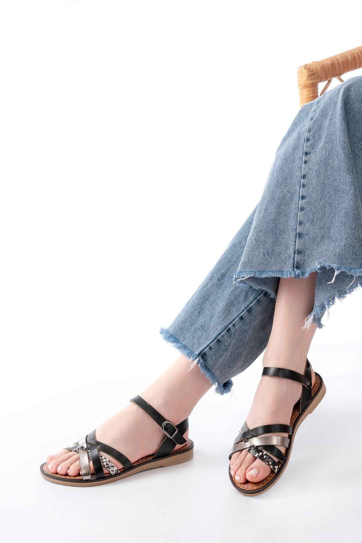 Ayakkabı Aşkı 205-093 Siyah Garni Hakiki Deri Ortopedik Taban Kadın Sandalet