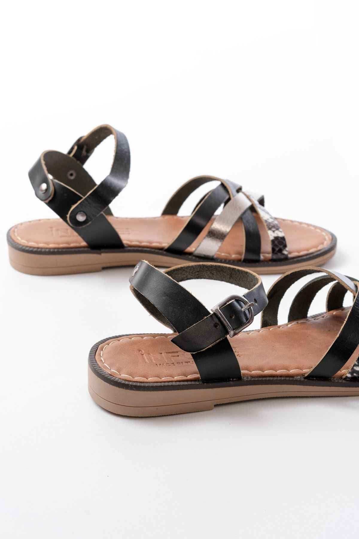 Ayakkabı Aşkı 205-093 Siyah Garni Hakiki Deri Ortopedik Taban Kadın Sandalet