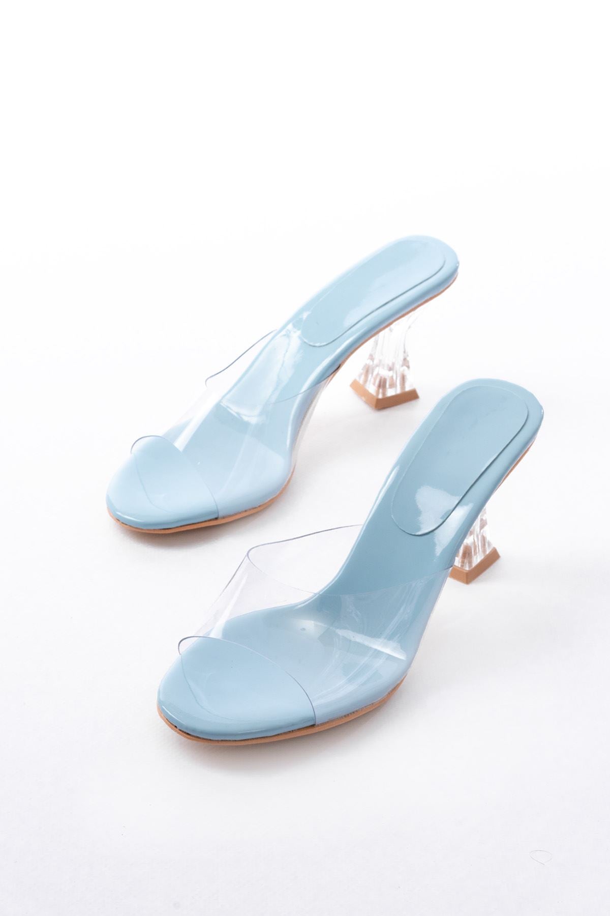 Ayakkabı Aşkı Bebe Mavi Rugan Şeffaf Bantlı Şeffaf Topuklu Yuvarlak Burunlu Kadın Terlik - Ayakkabı Aşkı