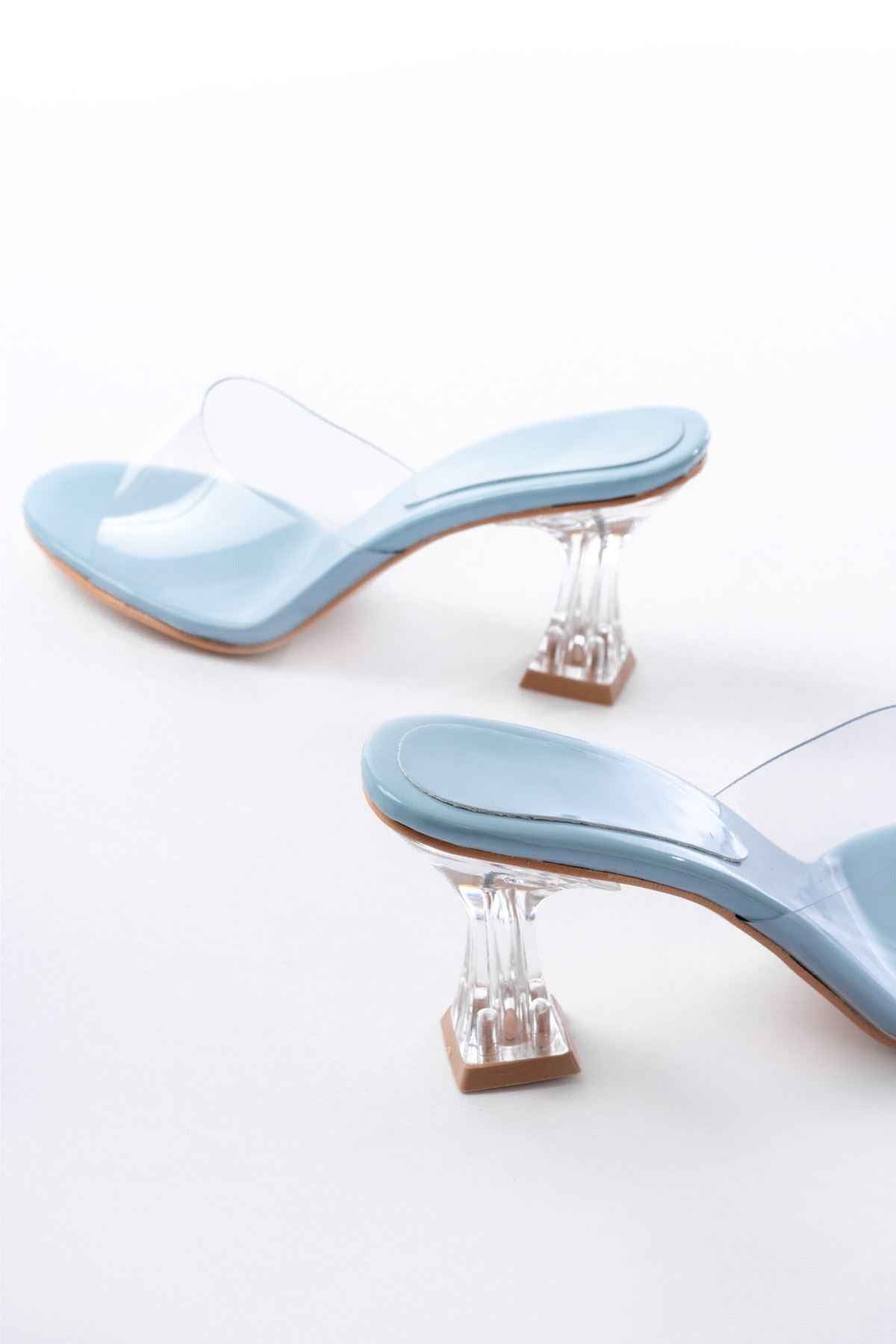 Ayakkabı Aşkı S-619 Bebe Mavi Rugan Şeffaf Bantlı Şeffaf Topuklu Yuvarlak Burunlu Kadın Terlik