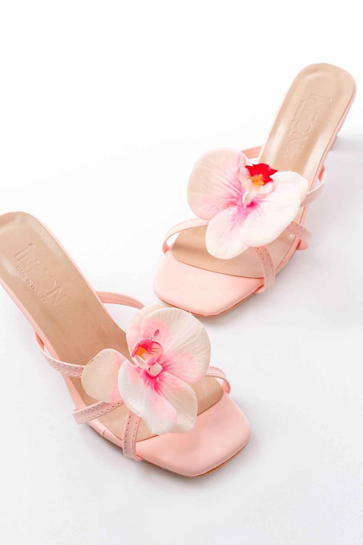 Ayakkabı Aşkı S-622 Pembe Orkide Detaylı Ince Topuklu Kadın Terlik