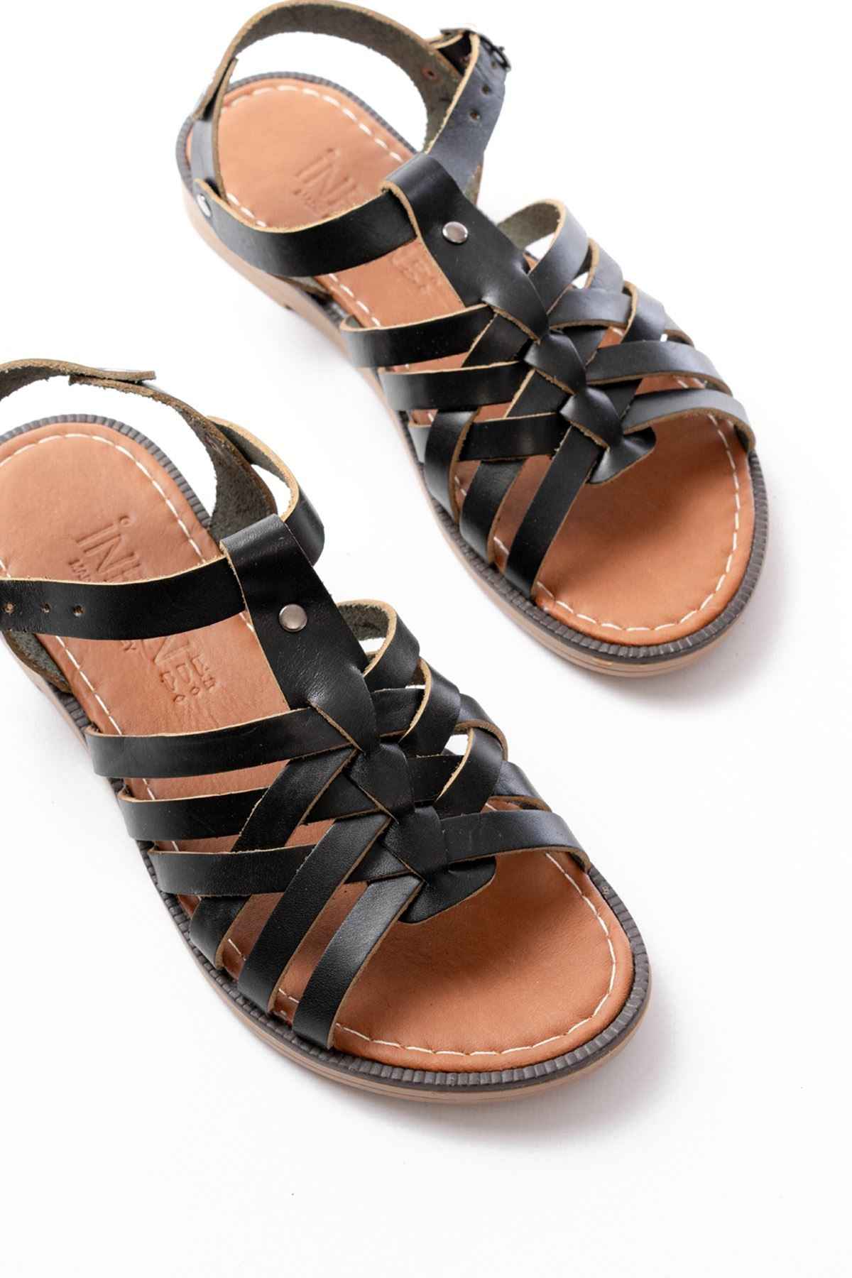 Ayakkabı Aşkı 205-208 Siyah Hakiki Deri Ortopedik Taban Kadın Sandalet