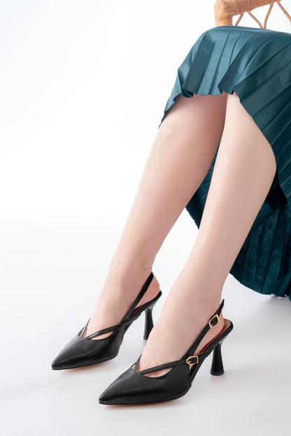 Ayakkabı Aşkı 4962 Siyah Sivri Burun Tokalı Yuvarlak Topuk Kadın Sandalet