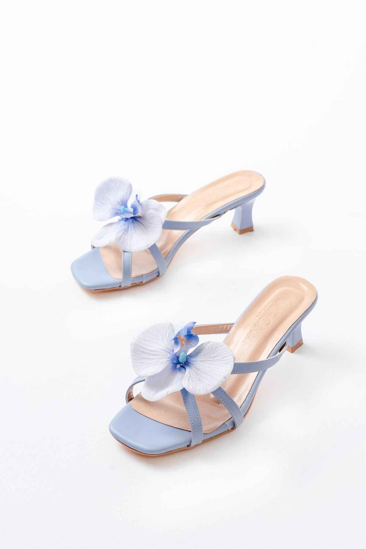 Ayakkabı Aşkı S-622 Bebe Mavi Orkide Detaylı Ince Topuklu Kadın Terlik