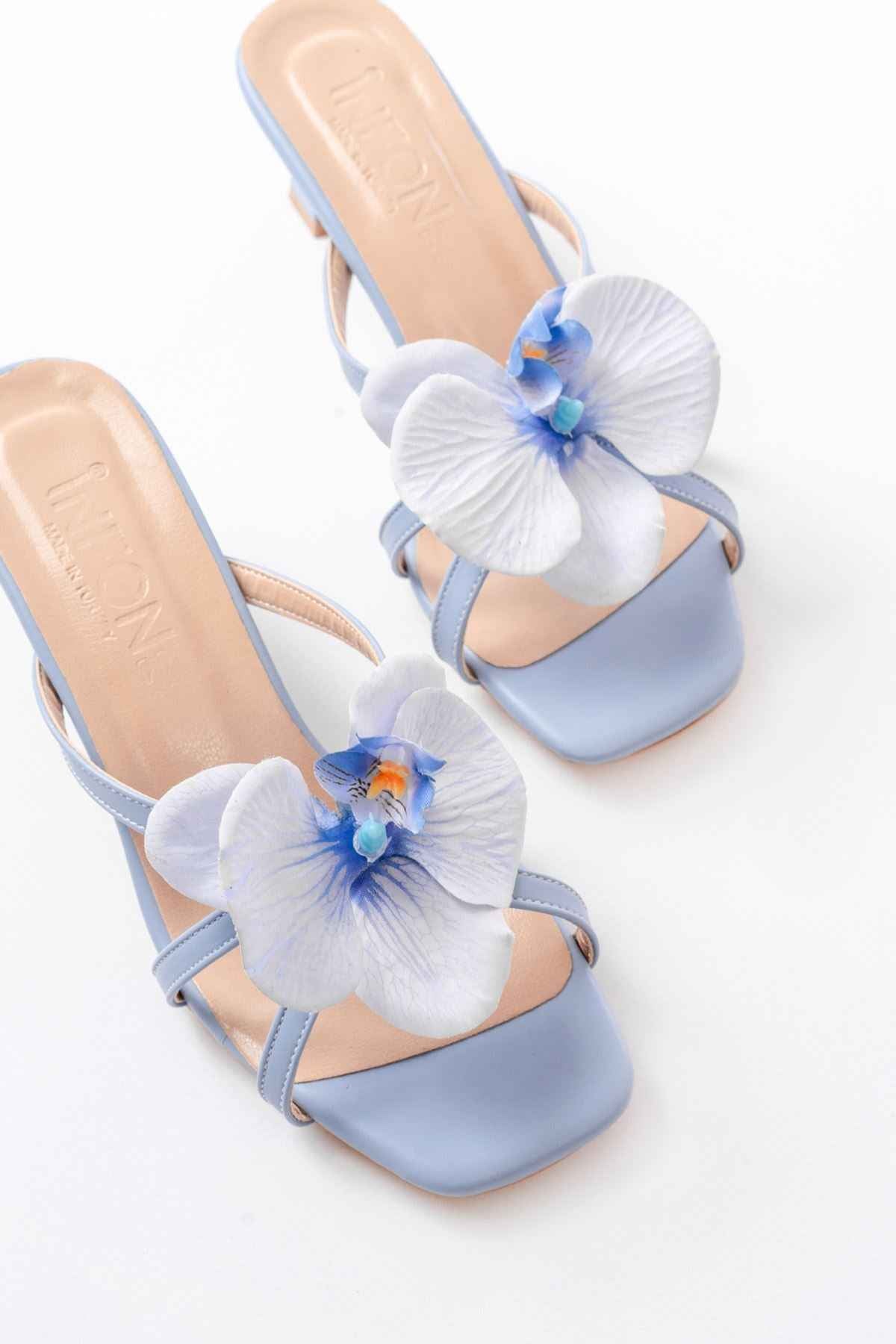 Ayakkabı Aşkı S-622 Bebe Mavi Orkide Detaylı Ince Topuklu Kadın Terlik
