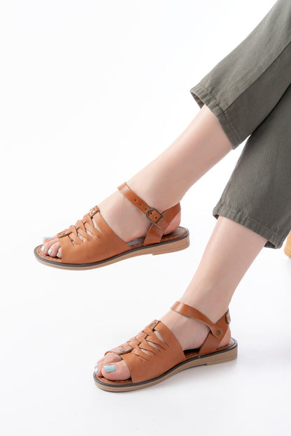 Ayakkabı Aşkı Taba Ortopedik Hakiki Deri Kadın Sandalet
